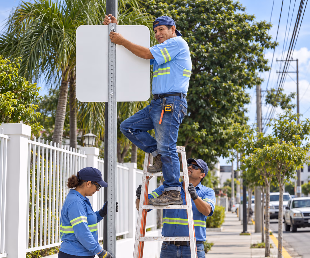 Cuadrilla instalando señalización vertical en la vía pública