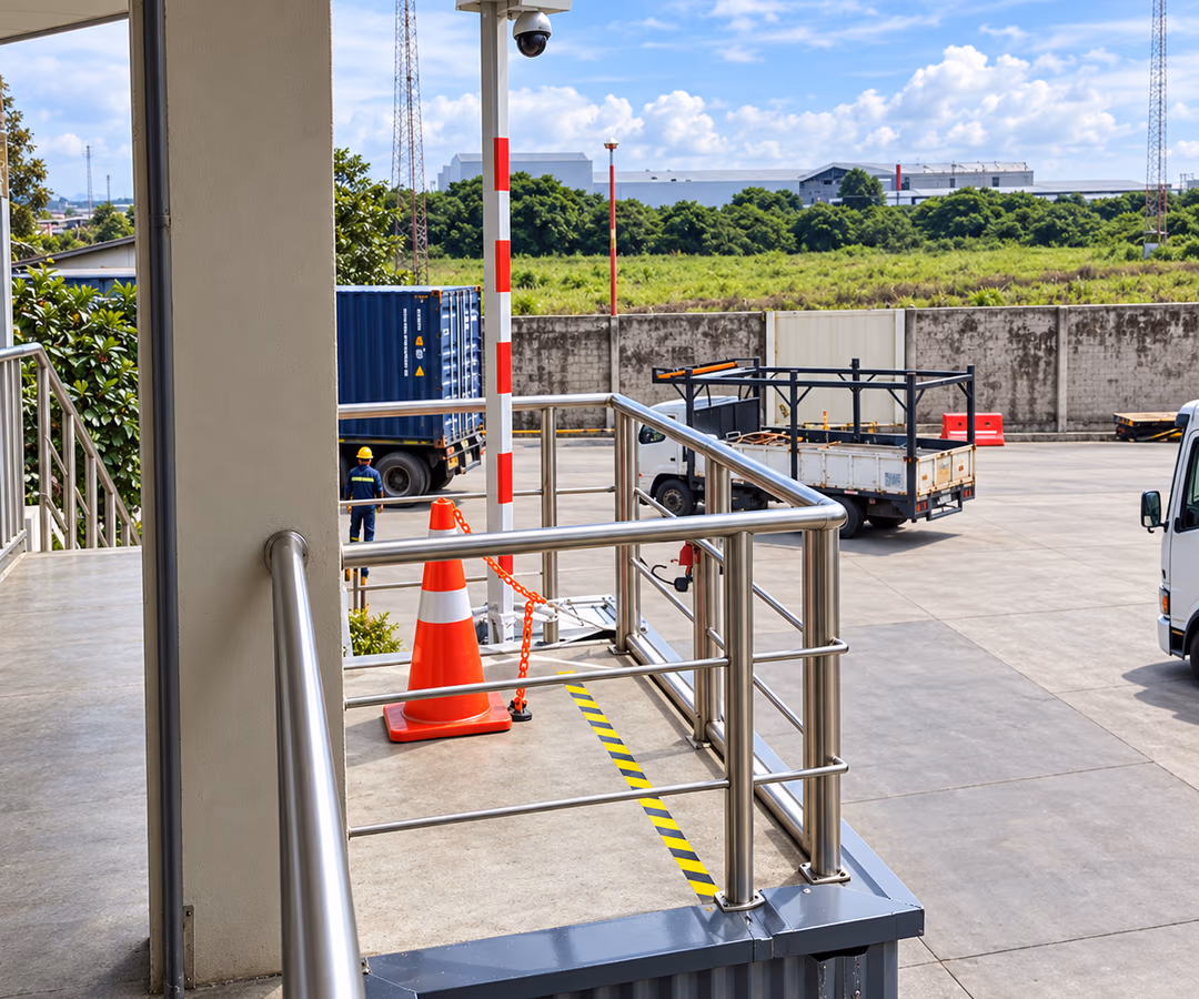 Acceso controlado de un predio industrial hacia la vía