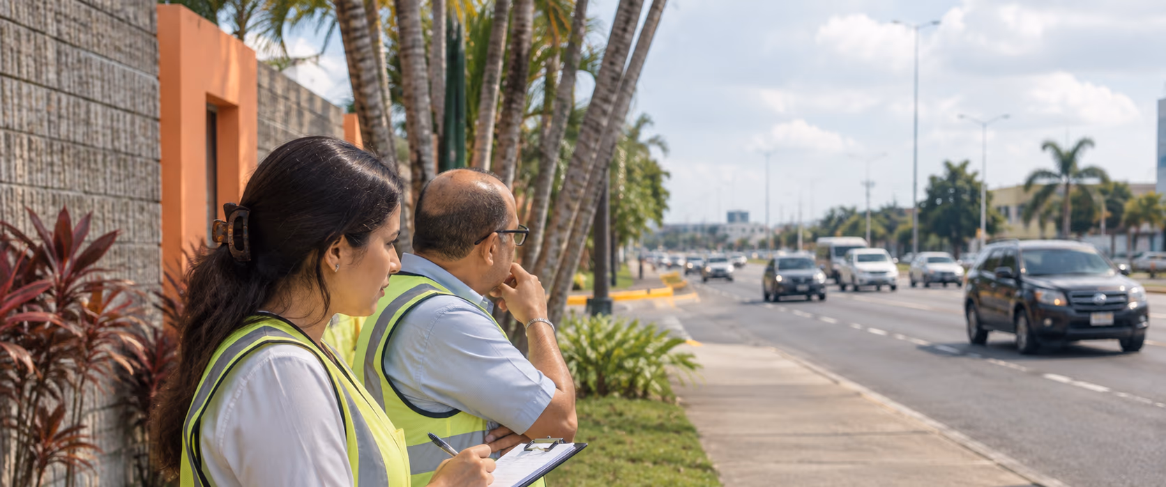 Técnicos levantando aforos junto a una avenida
